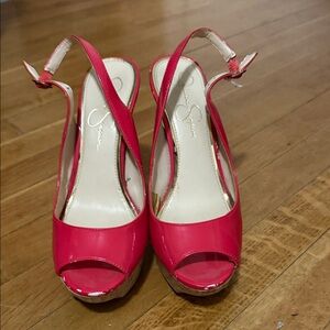 Jessica Simpson Red Patent Peep-Toe Wedge Sandals